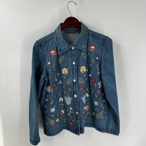 New Identity Floral Embroidered Button Front Classic Denim Jacket Blue Size S